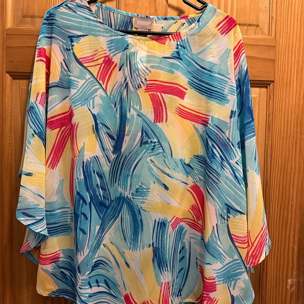 Chico's Vibrant Colorful Strokes Pullover Sheer Poncho
